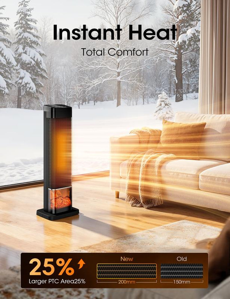 TEHANLD 25” PTC Ceramic Space Heater – 1500W Electric Tower Heater with Flame Effect, Thermostat, 70° Oscillation & Remote