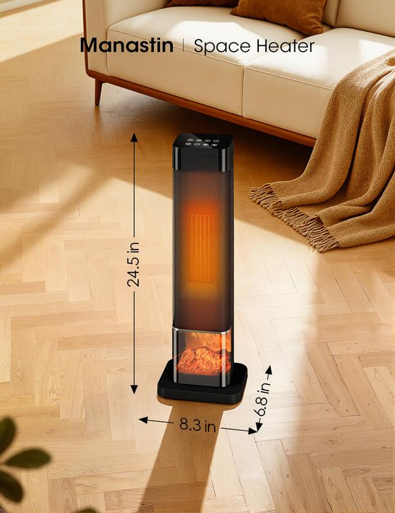 TEHANLD 25” PTC Ceramic Space Heater – 1500W Electric Tower Heater with Flame Effect, Thermostat, 70° Oscillation & Remote