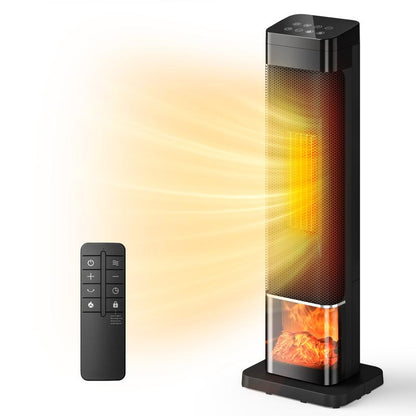 TEHANLD 25” PTC Ceramic Space Heater – 1500W Electric Tower Heater with Flame Effect, Thermostat, 70° Oscillation & Remote