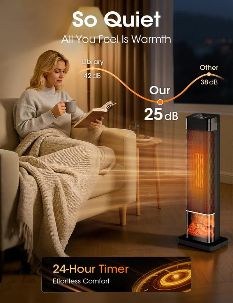 TEHANLD 25” PTC Ceramic Space Heater – 1500W Electric Tower Heater with Flame Effect, Thermostat, 70° Oscillation & Remote