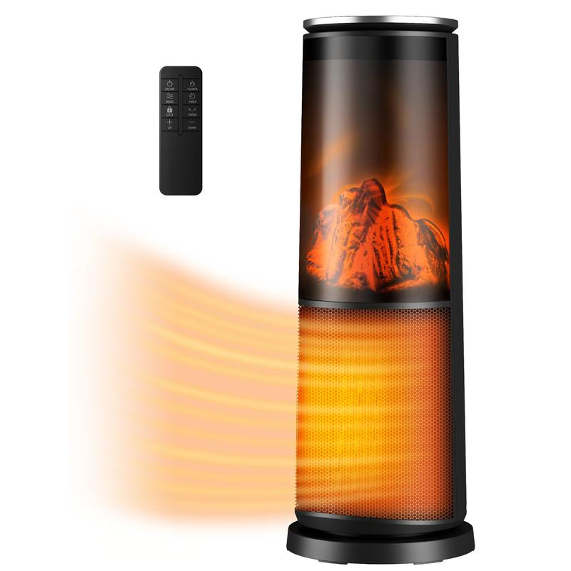 TEHANLD 25” PTC Ceramic Space Heater – 1500W Electric Tower Heater with Flame Effect, Thermostat, 70° Oscillation & Remote