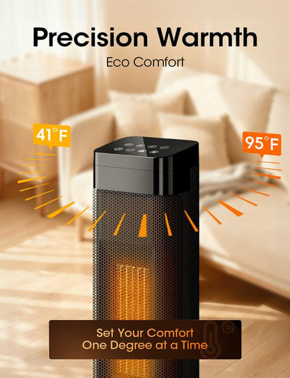 TEHANLD 25” PTC Ceramic Space Heater – 1500W Electric Tower Heater with Flame Effect, Thermostat, 70° Oscillation & Remote