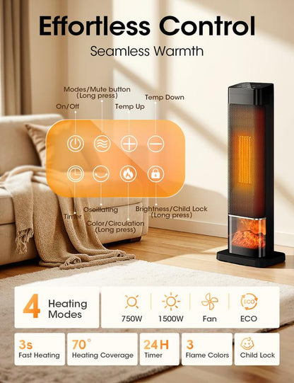 TEHANLD 25” PTC Ceramic Space Heater – 1500W Electric Tower Heater with Flame Effect, Thermostat, 70° Oscillation & Remote