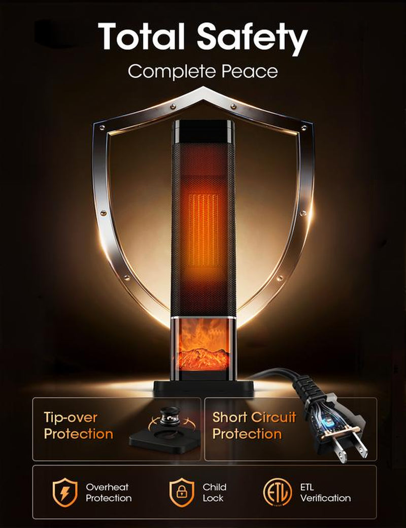 TEHANLD 25” PTC Ceramic Space Heater – 1500W Electric Tower Heater with Flame Effect, Thermostat, 70° Oscillation & Remote