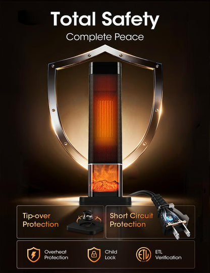 TEHANLD 25” PTC Ceramic Space Heater – 1500W Electric Tower Heater with Flame Effect, Thermostat, 70° Oscillation & Remote