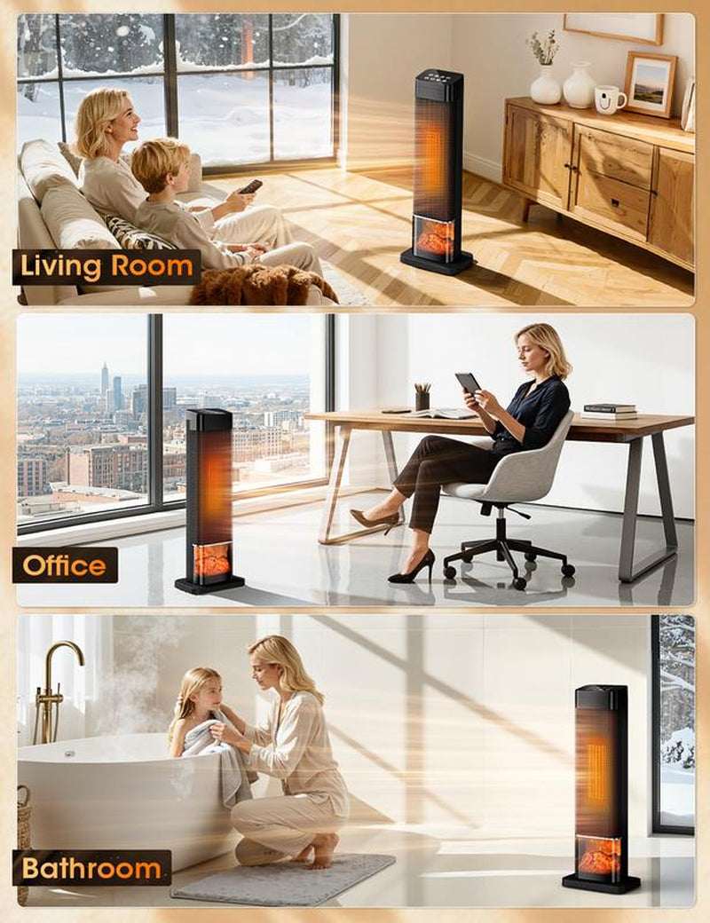 TEHANLD 25” PTC Ceramic Space Heater – 1500W Electric Tower Heater with Flame Effect, Thermostat, 70° Oscillation & Remote