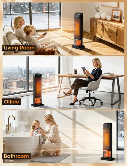TEHANLD 25” PTC Ceramic Space Heater – 1500W Electric Tower Heater with Flame Effect, Thermostat, 70° Oscillation & Remote
